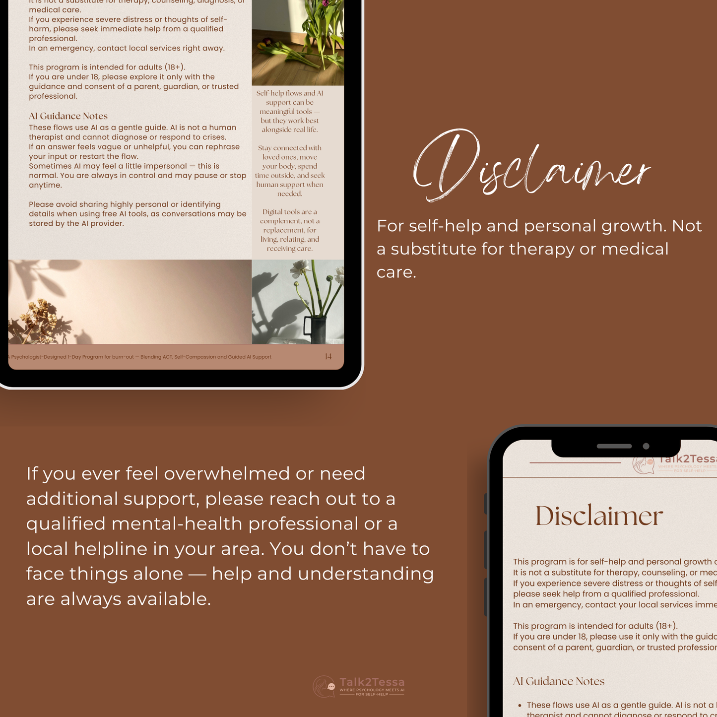 Disclaimer page visual for the digital workbook “Rest Without Guilt – A Psychologist-Designed 1-Day Flow for Burn-out Recovery” by Talk2Tessa. Includes legal and ethical disclaimer: for self-help and personal growth only, not a substitute for therapy, counseling, diagnosis, or medical care. Advises readers to seek professional help in crisis, contact local services in emergencies, and use AI tools safely and mindfully. Mentions that flows use guided AI as a gentle coach, not a therapist, and enc