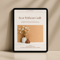 Cover image for the eBook Rest Without Guilt – A Psychologist-Guided 1-Day Program for Burnout & Self-Compassion, featuring a Japandi-inspired minimalist design with warm neutral tones, representing gentle AI-guided self-help for rest, recovery, and emotional balance.