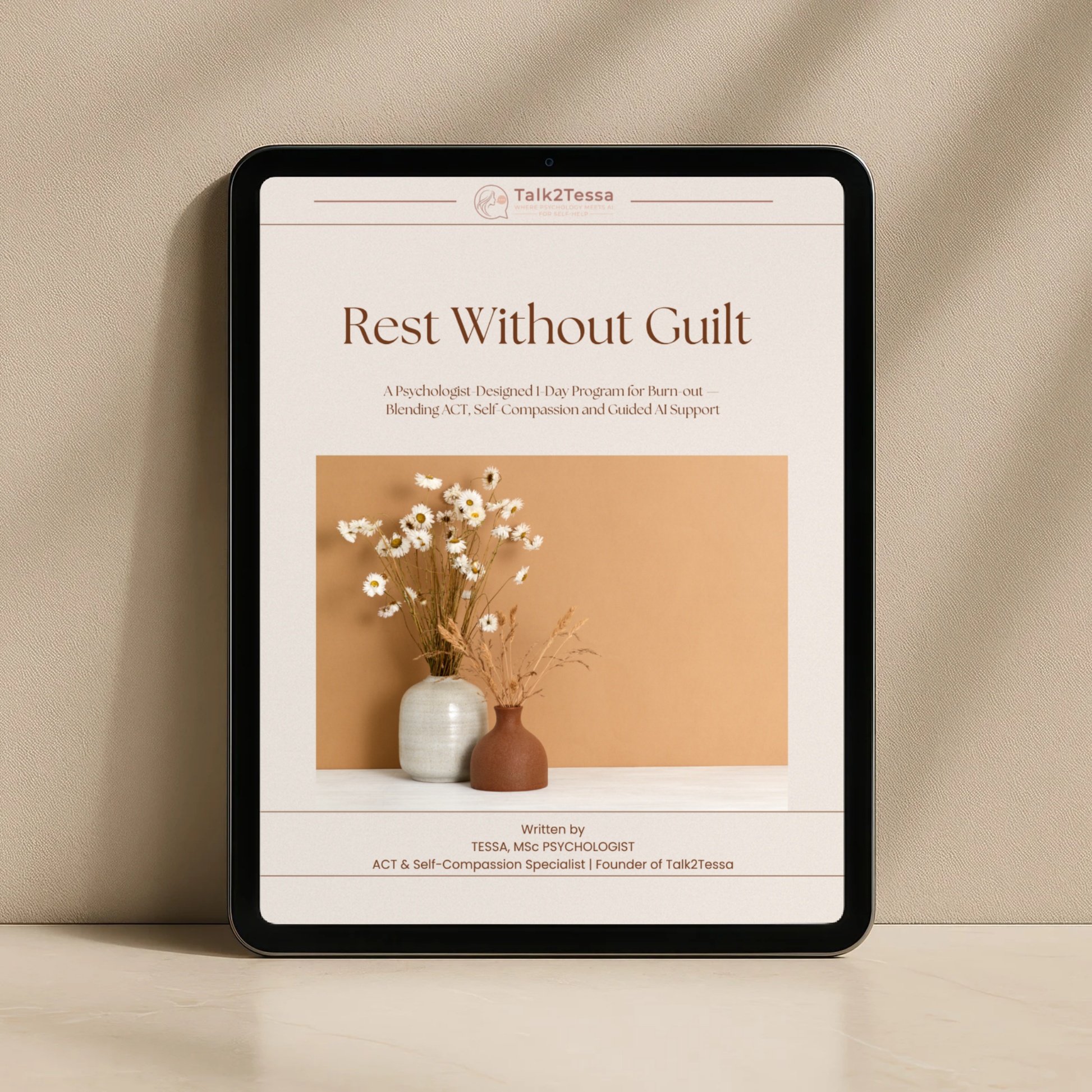 Cover image for the eBook Rest Without Guilt – A Psychologist-Guided 1-Day Program for Burnout & Self-Compassion, featuring a Japandi-inspired minimalist design with warm neutral tones, representing gentle AI-guided self-help for rest, recovery, and emotional balance.