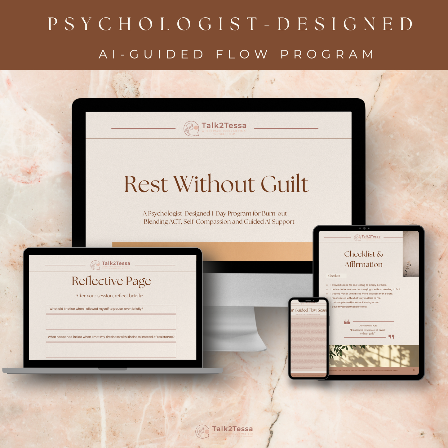 Interior preview of Rest Without Guilt – A 1-Day Program by Talk2Tessa, showing ACT-based self-compassion exercises and gentle guided prompts to release productivity guilt and embrace rest mindfully.