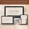Mobile and tablet display of Restful Nights – A Psychologist-Guided 6-Day Practice for Better Sleep, showing the digital workbook layout with ACT-based self-help flows, evening reflections, and AI-guided journaling prompts for calm, restful nights.