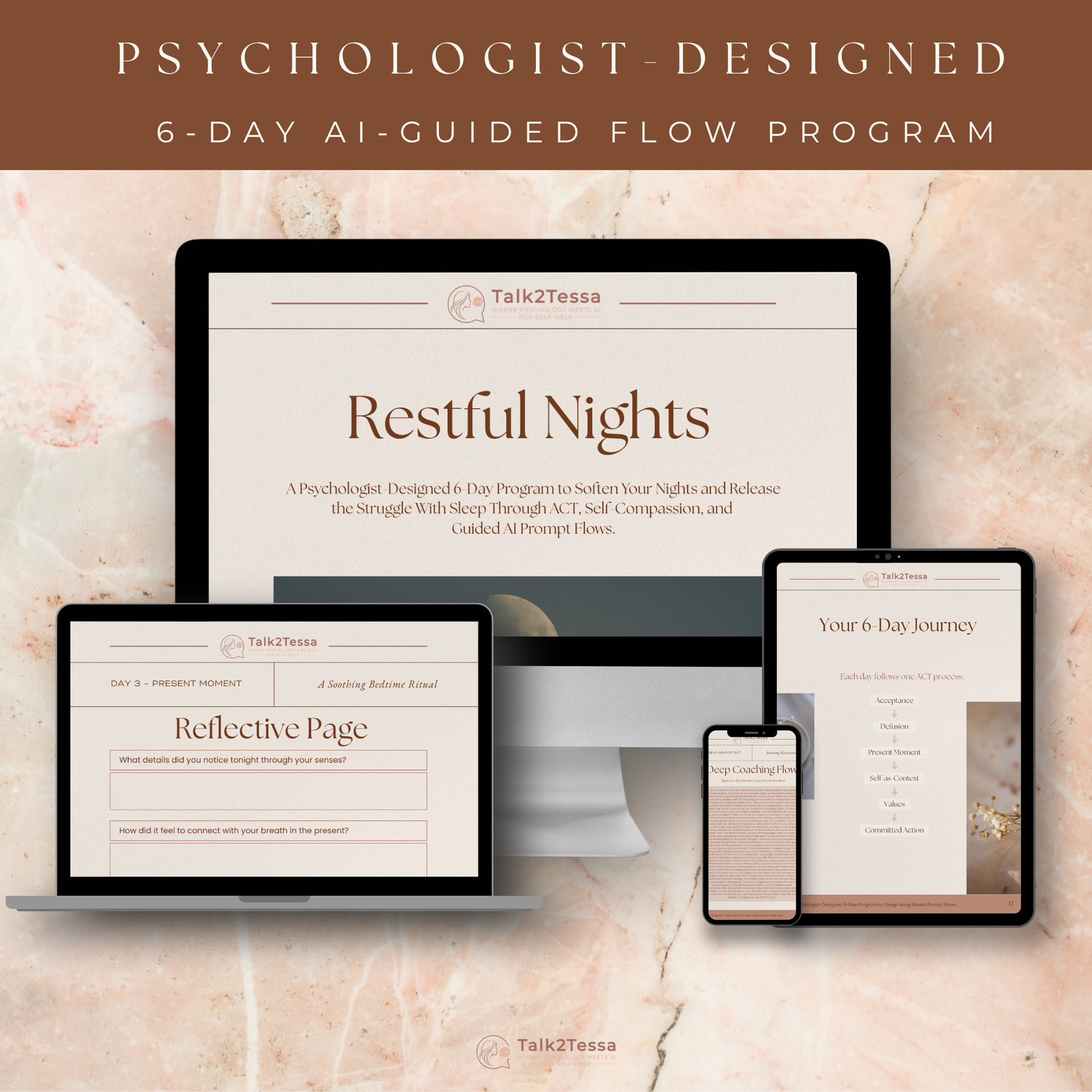 Mobile and tablet display of Restful Nights – A Psychologist-Guided 6-Day Practice for Better Sleep, showing the digital workbook layout with ACT-based self-help flows, evening reflections, and AI-guided journaling prompts for calm, restful nights.
