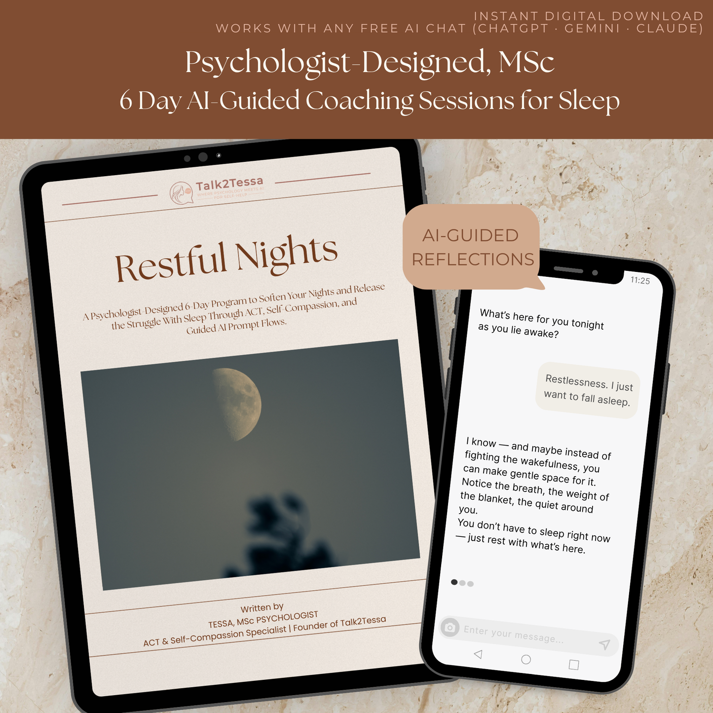 AI chat-style mock-up from Restful Nights – A Psychologist-Guided 6-Day Practice for Better Sleep, showing an ACT-inspired AI dialogue that teaches mindful acceptance, relaxation, and self-kindness to reduce racing thoughts and promote restful sleep through self-help prompt guidance.