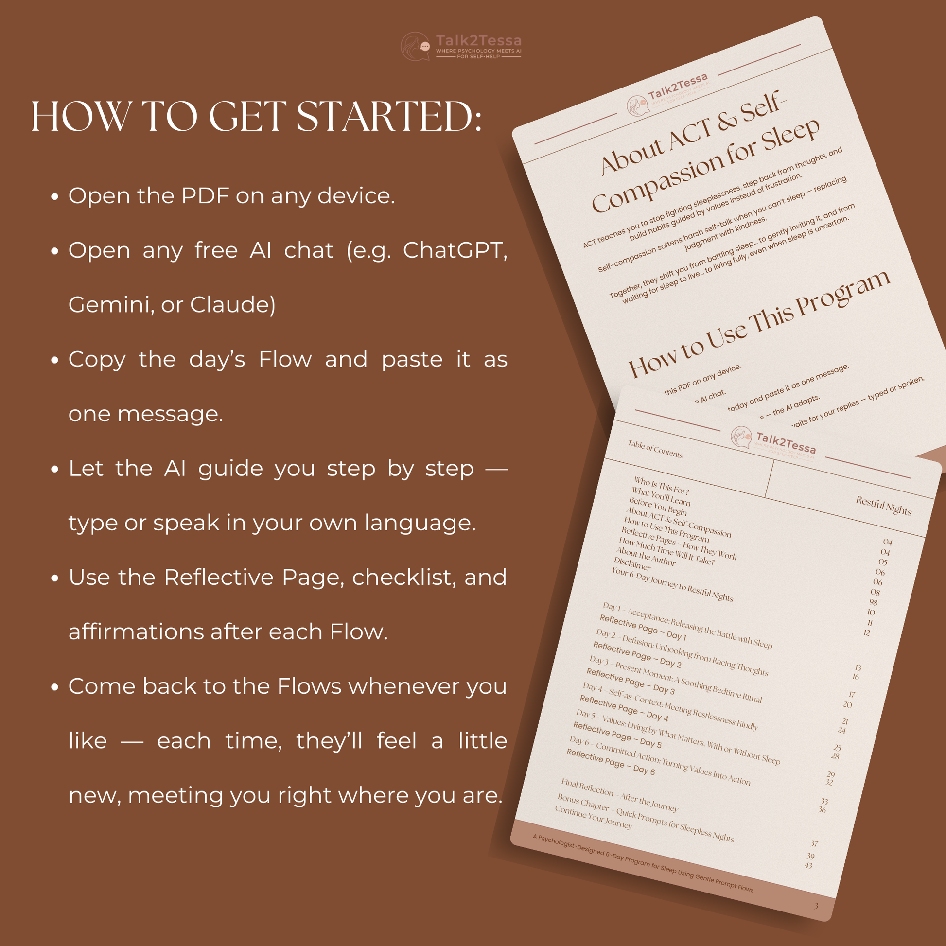 “How to Get Started” guide visual from Restful Nights, explaining how to open an AI chat, copy the psychologist-designed ACT & self-compassion prompts, and begin gentle nightly reflection to improve rest, relaxation, and emotional regulation through AI self-help.