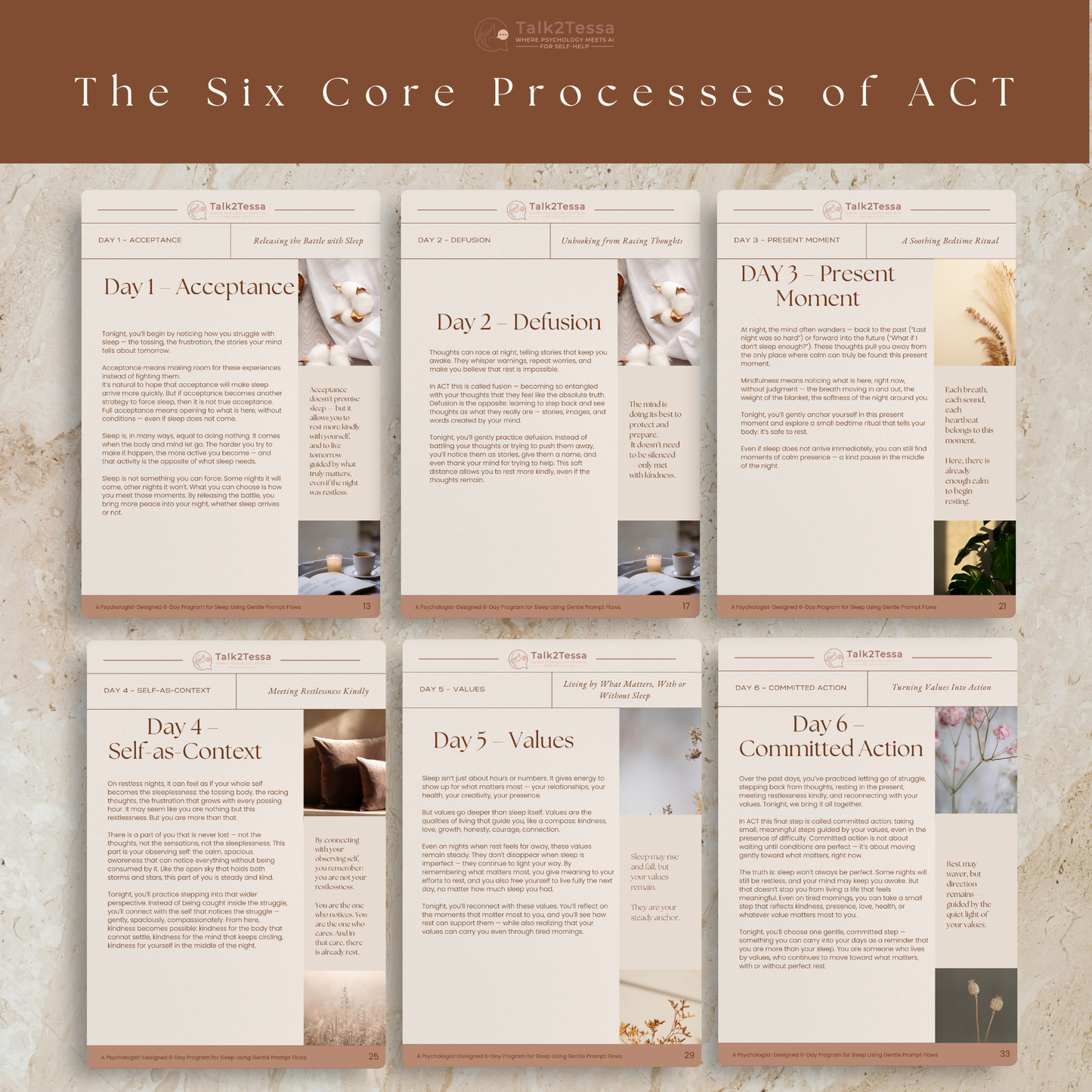 Overview visual of the Restful Nights 6-day AI self-help program, showing the six Acceptance and Commitment Therapy (ACT) processes used for sleep support — acceptance, defusion, presence, self-as-context, values, and committed action — designed to improve rest and emotional wellbeing.