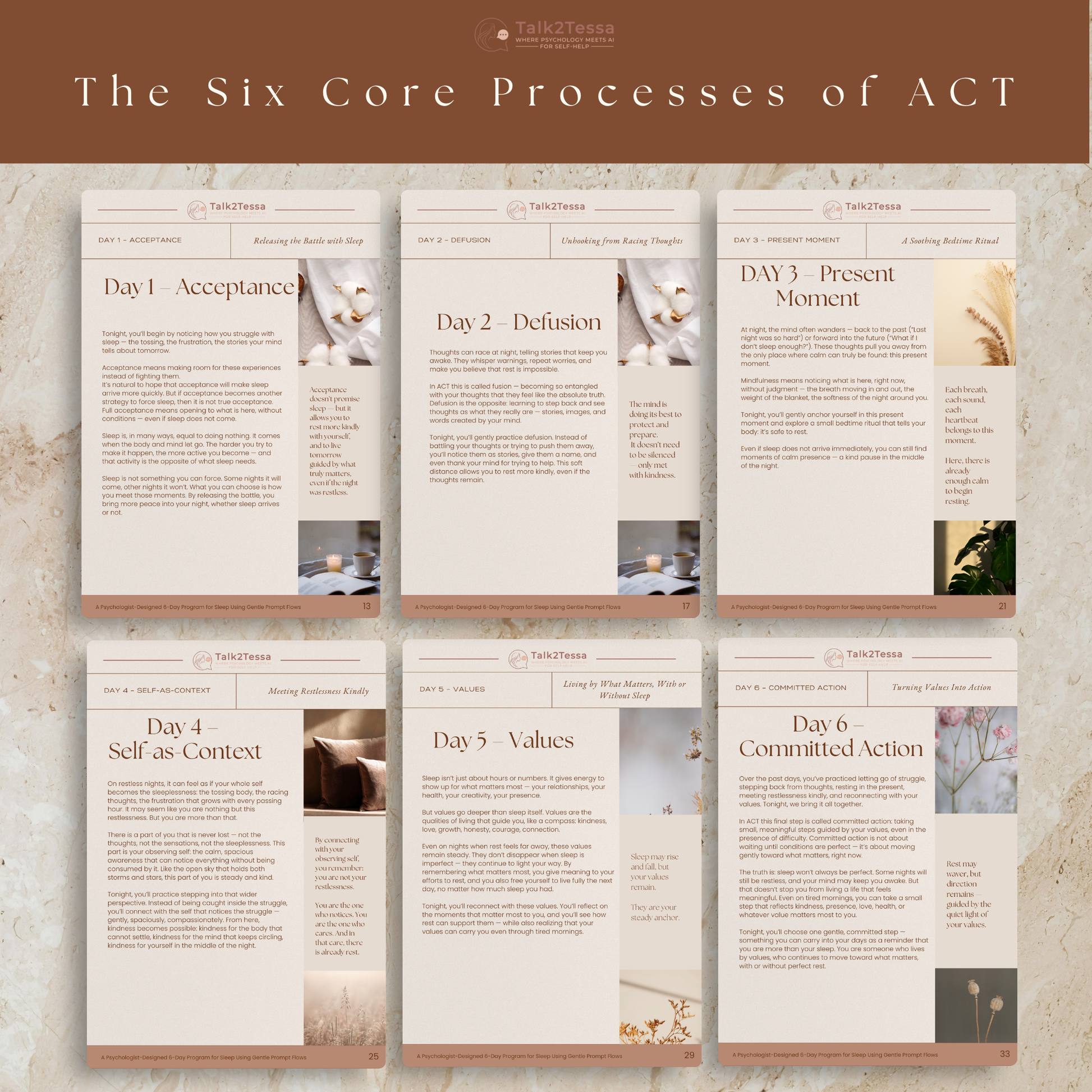 Overview visual of the Restful Nights 6-day AI self-help program, showing the six Acceptance and Commitment Therapy (ACT) processes used for sleep support — acceptance, defusion, presence, self-as-context, values, and committed action — designed to improve rest and emotional wellbeing.