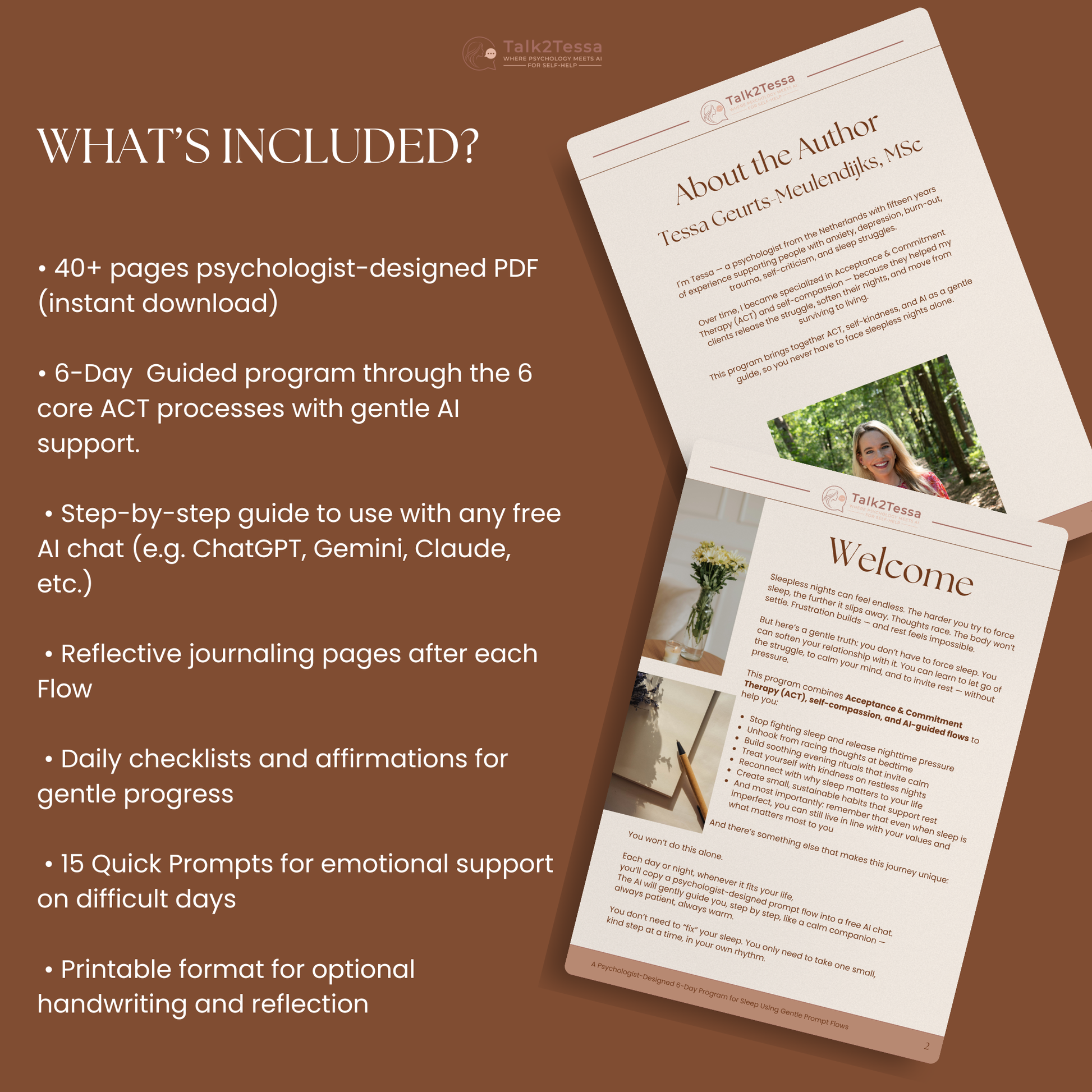 “What’s Included” image for Restful Nights – A 6-Day Sleep Self-Help Program, listing psychologist-designed ACT-based AI prompt flows, reflections, affirmations, and a bonus quick-prompt chapter for calm, mindful evenings and deeper rest, created by Talk2Tessa.