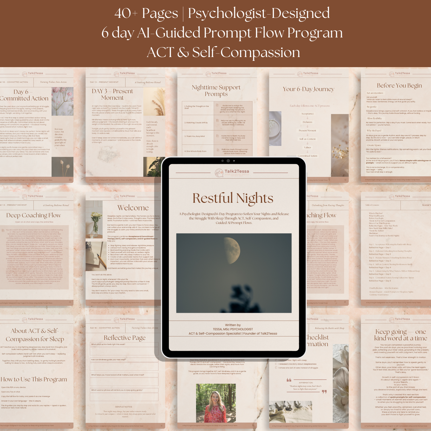 Inside page of Restful Nights – A 6-Day AI Self-Help Sleep Program created by psychologist Tessa, featuring Acceptance and Commitment Therapy (ACT)-based guided prompts, nightly reflections, affirmations, and self-compassion journaling for better sleep and calm evenings.