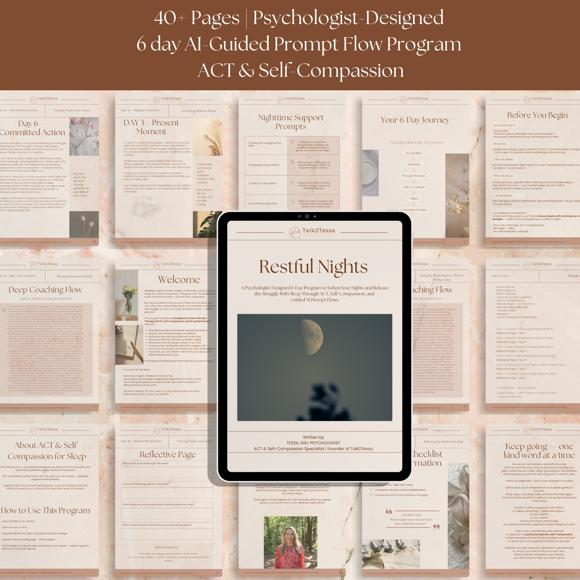 Inside page of Restful Nights – A 6-Day AI Self-Help Sleep Program created by psychologist Tessa, featuring Acceptance and Commitment Therapy (ACT)-based prompt flows, nightly reflections, affirmations, and self-compassion journaling for better sleep and calm evenings.