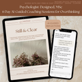 Talk2Tessa chat-style mock-up showing ACT defusion example from Still & Clear, a psychologist-designed 6-Day AI coaching program for overthinking, rumination, and intrusive thoughts. Shows realistic AI and user bubbles discussing looping thoughts, mindfulness, and acceptance. Calm Japandi layout in beige and blush, promoting mental clarity, focus, and cognitive defusion using AI self-help psychology tools by Talk2Tessa.