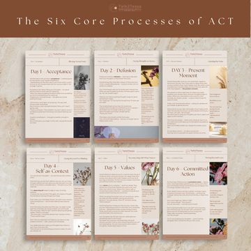 Illustration of the six core ACT processes from the Still & Clear Overthinking Workbook — acceptance, defusion, present moment, observing self, values, and committed action. Psychologist-designed visual by Talk2Tessa in calm Japandi beige tones, showing how each process helps calm overthinking and build clarity.