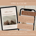 Chat-bubble dialogue from the Still & Clear Overthinking Workbook showing user and AI conversation: “I overthink everything.” “That’s okay — let’s find one calm, clear thought.” Designed by a psychologist to guide overthinkers toward calm and clarity through gentle ACT-based AI prompts.