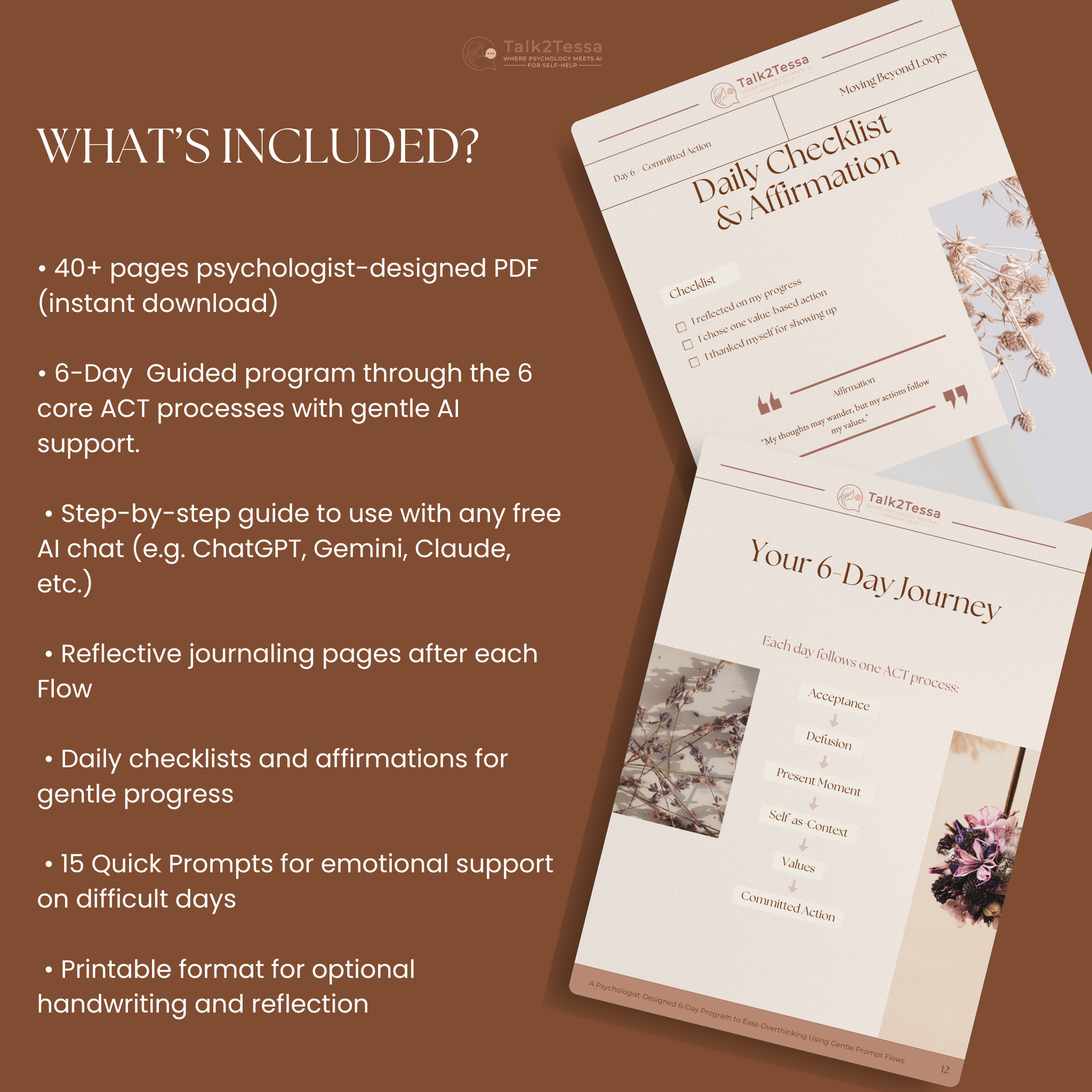 Interior page preview of the Still & Clear Overthinking 6-Day Workbook featuring daily ACT practices, reflective questions, and self-compassion prompts to calm racing thoughts and build mental clarity.