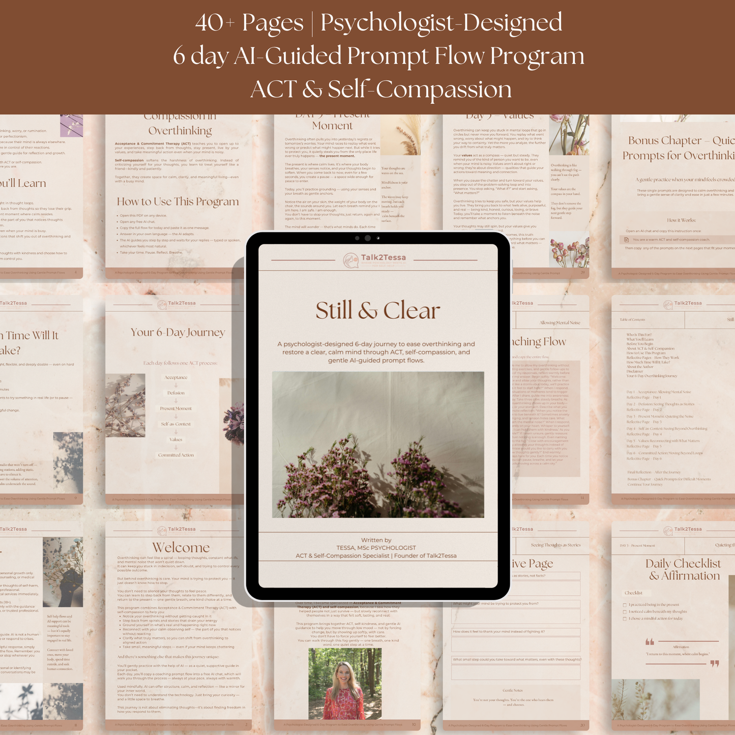 Minimal flat-lay of the Still & Clear Overthinking Workbook displayed on tablet and paper, psychologist-designed self-help guide for calming overthinking with ACT, mindfulness, and self-compassion.