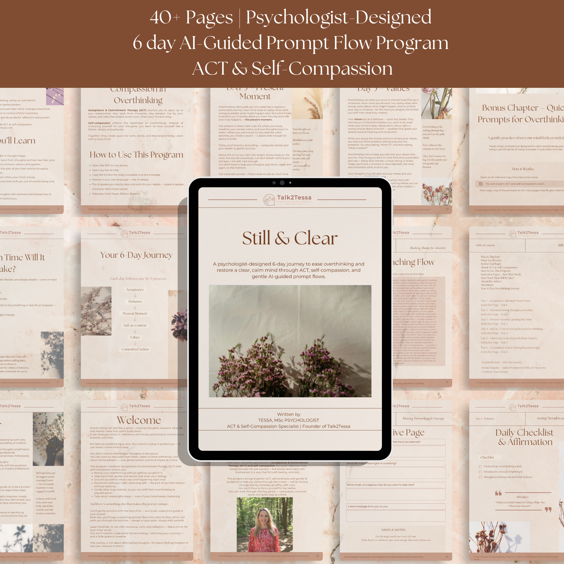 Minimal flat-lay of the Still & Clear Overthinking Workbook displayed on tablet and paper, psychologist-designed self-help guide for calming overthinking with ACT, mindfulness, and self-compassion.