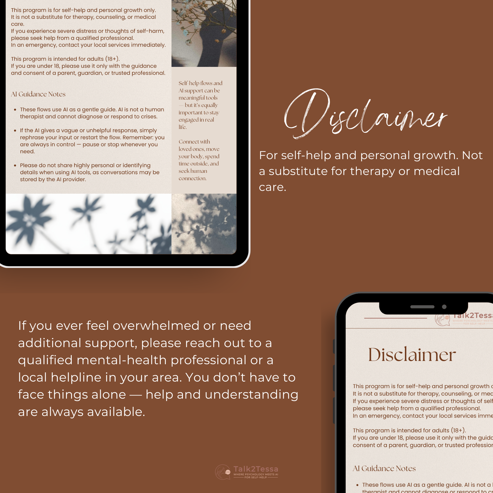 Disclaimer visual for Talk2Tessa Flow Programs, explaining that all psychologist-designed AI self-help flows and digital workbooks based on ACT and self-compassion are meant for personal reflection and gentle AI-guided growth — not a substitute for therapy or crisis care. Users are encouraged to seek professional support if needed.