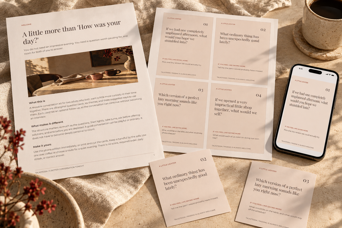 Styled mockup of the printable guide, card sheet, cut cards, and phone PDF