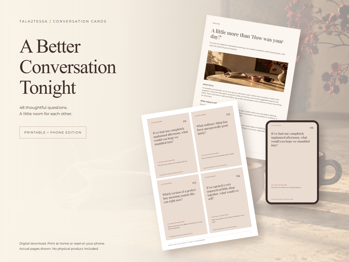 Actual printed card sheets, guide pages, and phone edition from A Better Conversation Tonight