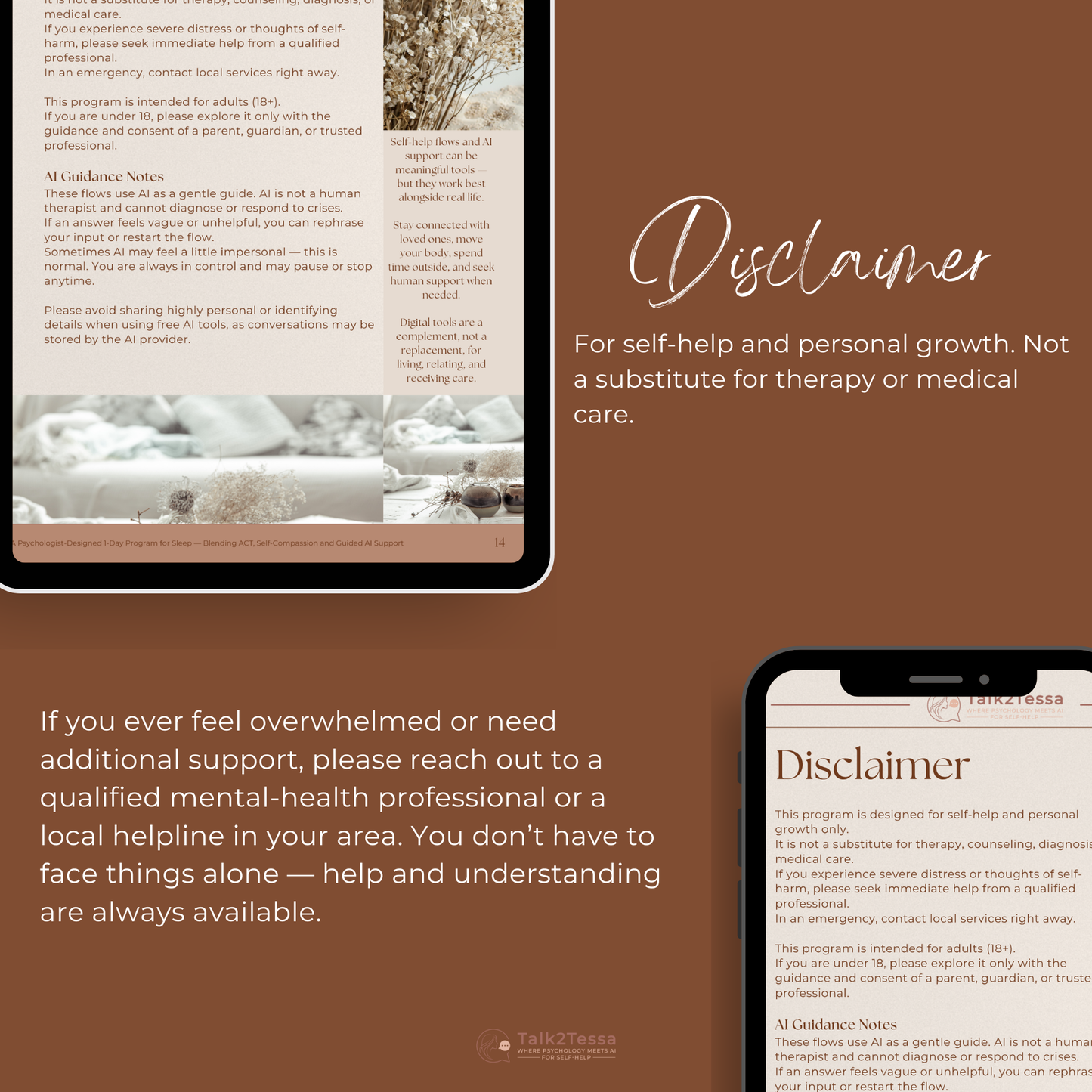 Disclaimer mockup for the Calm at Bedtime program explaining psychologist-designed AI self-help, ACT-based guidance, and that it is not a substitute for therapy or medical care.