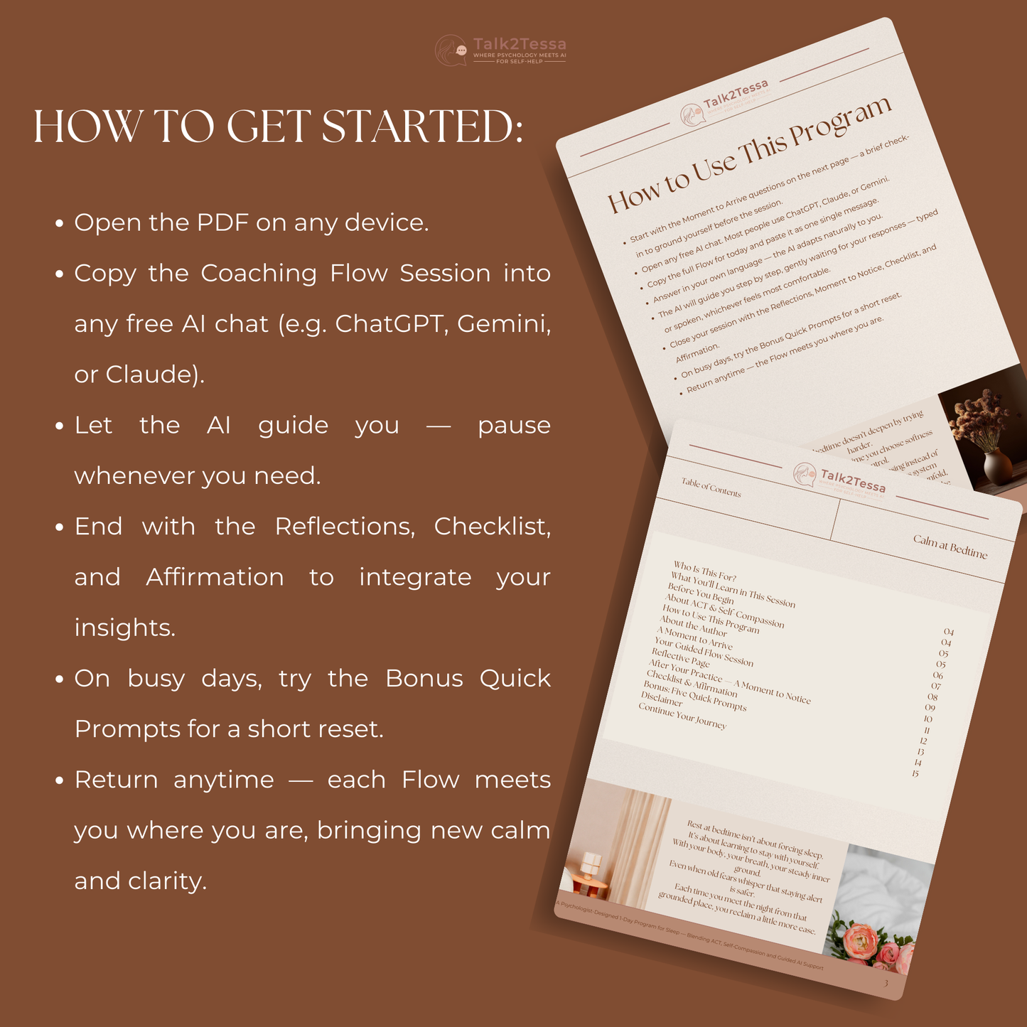 How to Get Started mockup explaining how to use the Calm at Bedtime program with guided prompts and digital workbook.