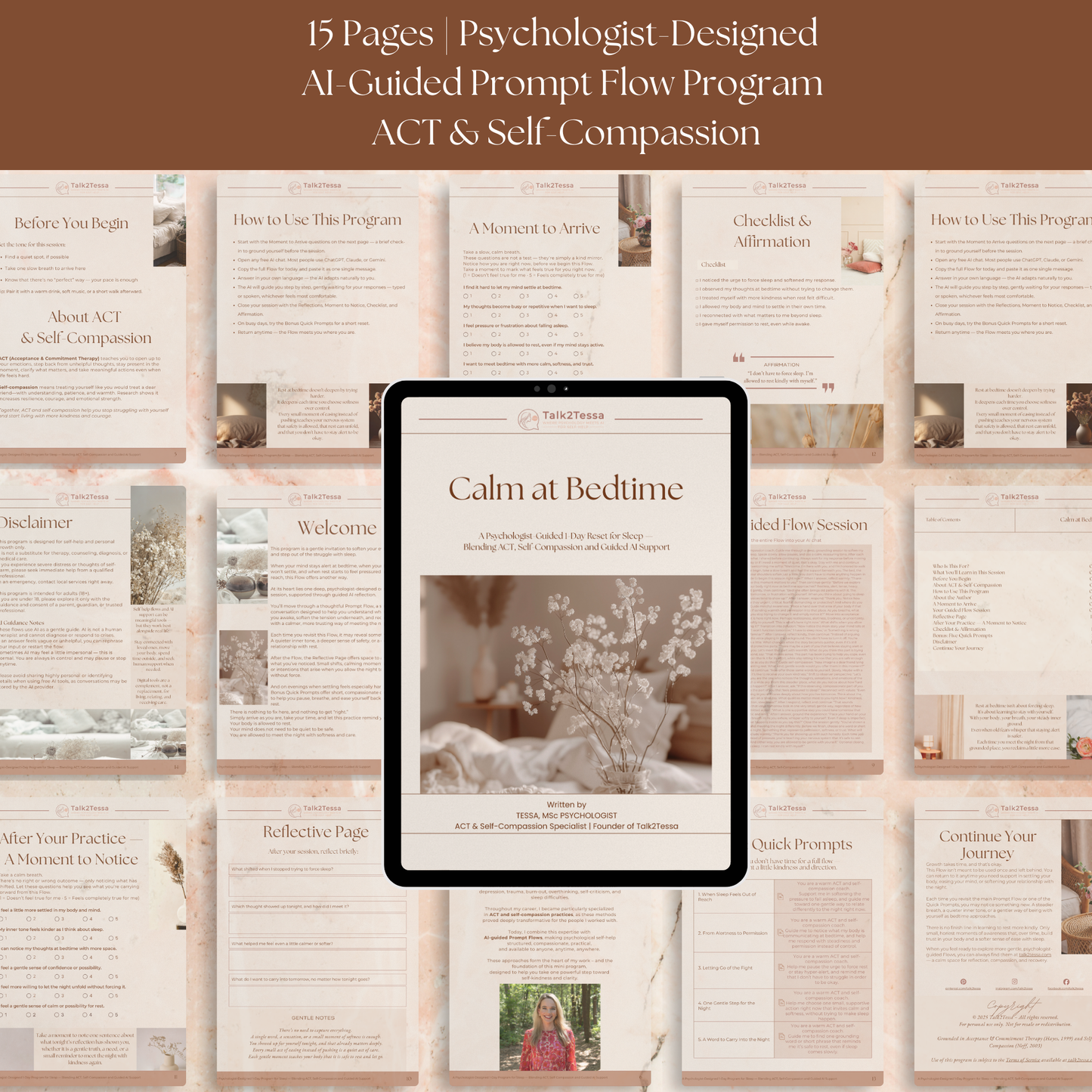Preview of the inside pages of the Calm at Bedtime program, showing gentle reflections, an psychologist-guided prompts, and supportive bedtime pages.