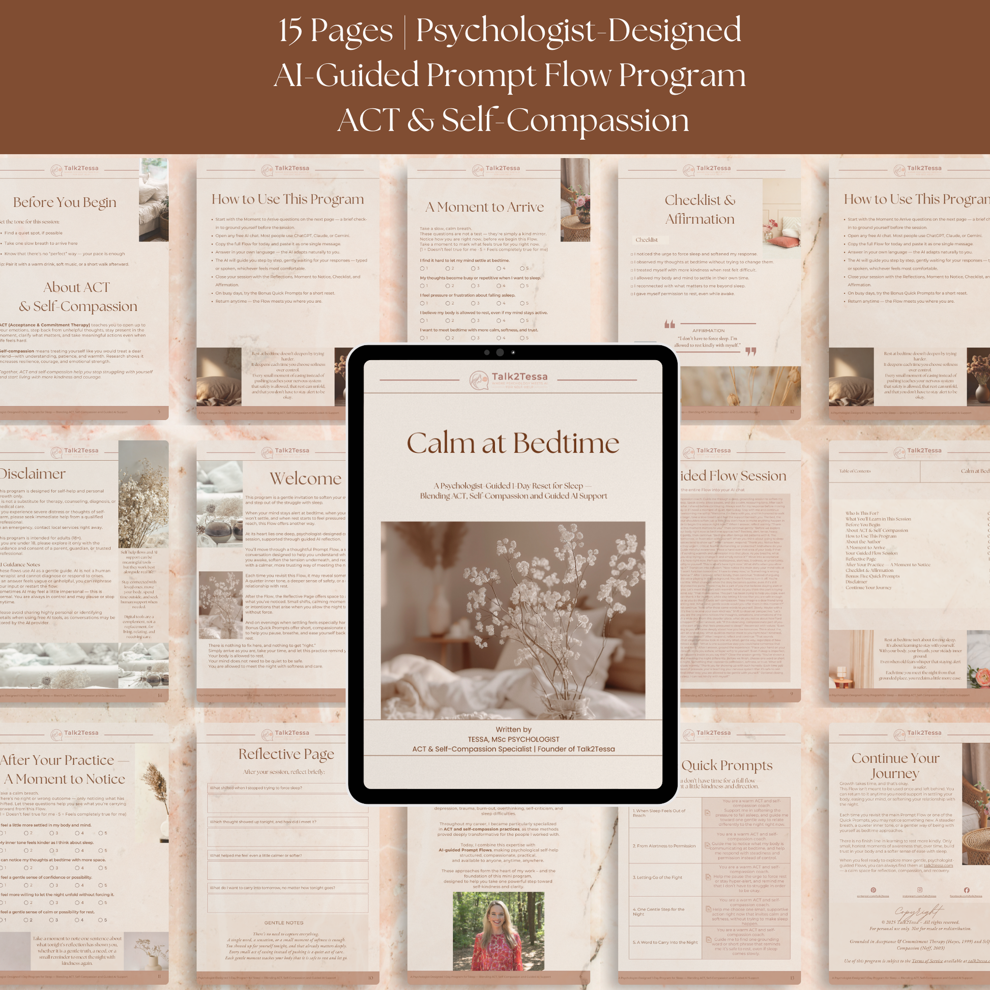 Preview of the inside pages of the Calm at Bedtime program, showing gentle reflections, an AI-guided coaching flow, and supportive bedtime pages.