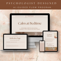 Preview of the Calm at Bedtime program displayed on multiple devices, showing responsive AI-guided coaching and digital workbook pages.