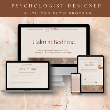 Preview of the Calm at Bedtime program displayed on multiple devices, showing responsive AI-guided coaching and digital workbook pages.