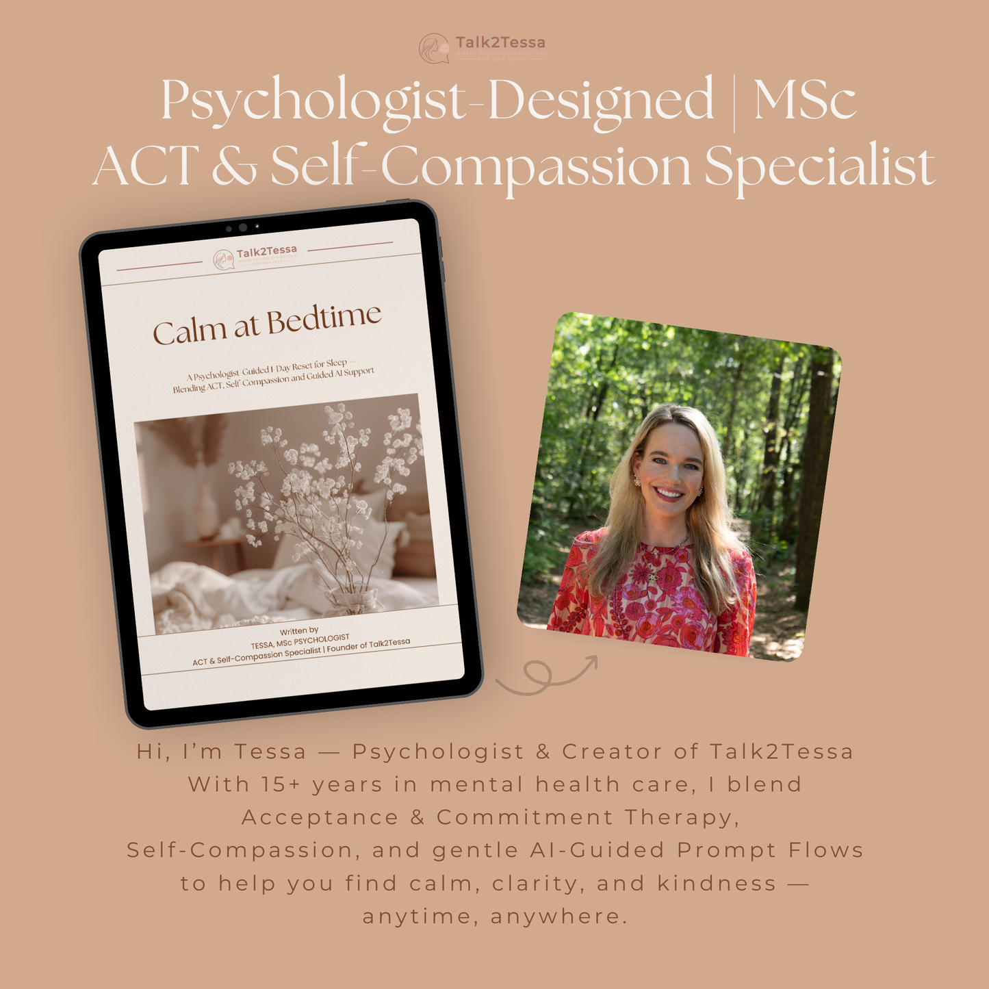 About the author section featuring Tessa, MSc psychologist and founder of Talk2Tessa, creator of the Calm at Bedtime program.