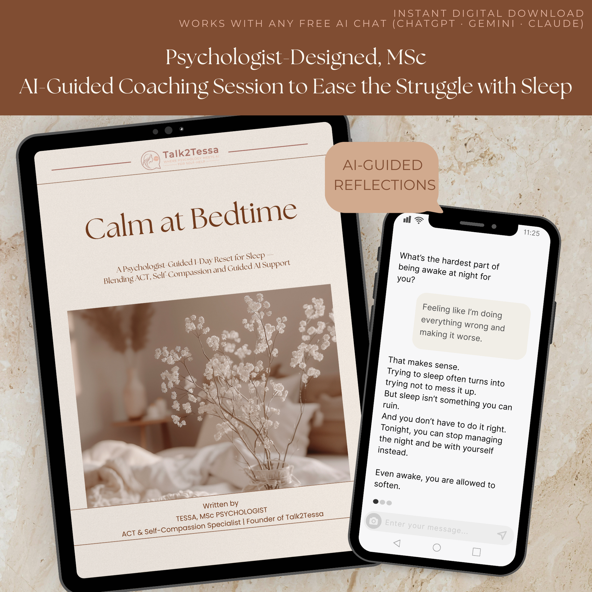 Example of an AI-guided ChatGPT dialogue from the Calm at Bedtime program, showing gentle support for sleep anxiety and bedtime overthinking.