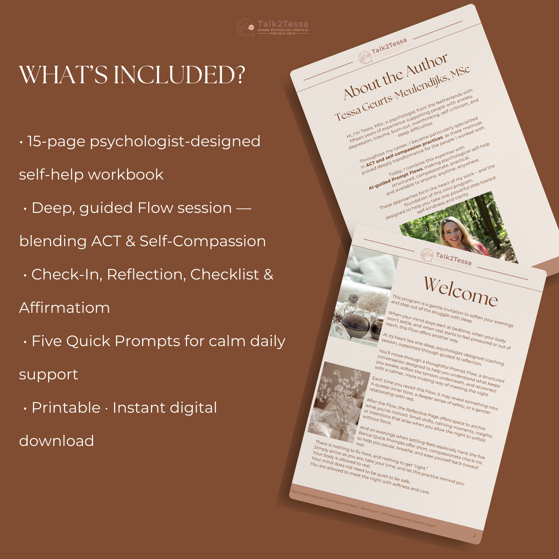 What’s Included mockup showing the Calm at Bedtime toolkit with AI prompt flow, digital workbook, reflective pages, affirmation, and quick night prompts.