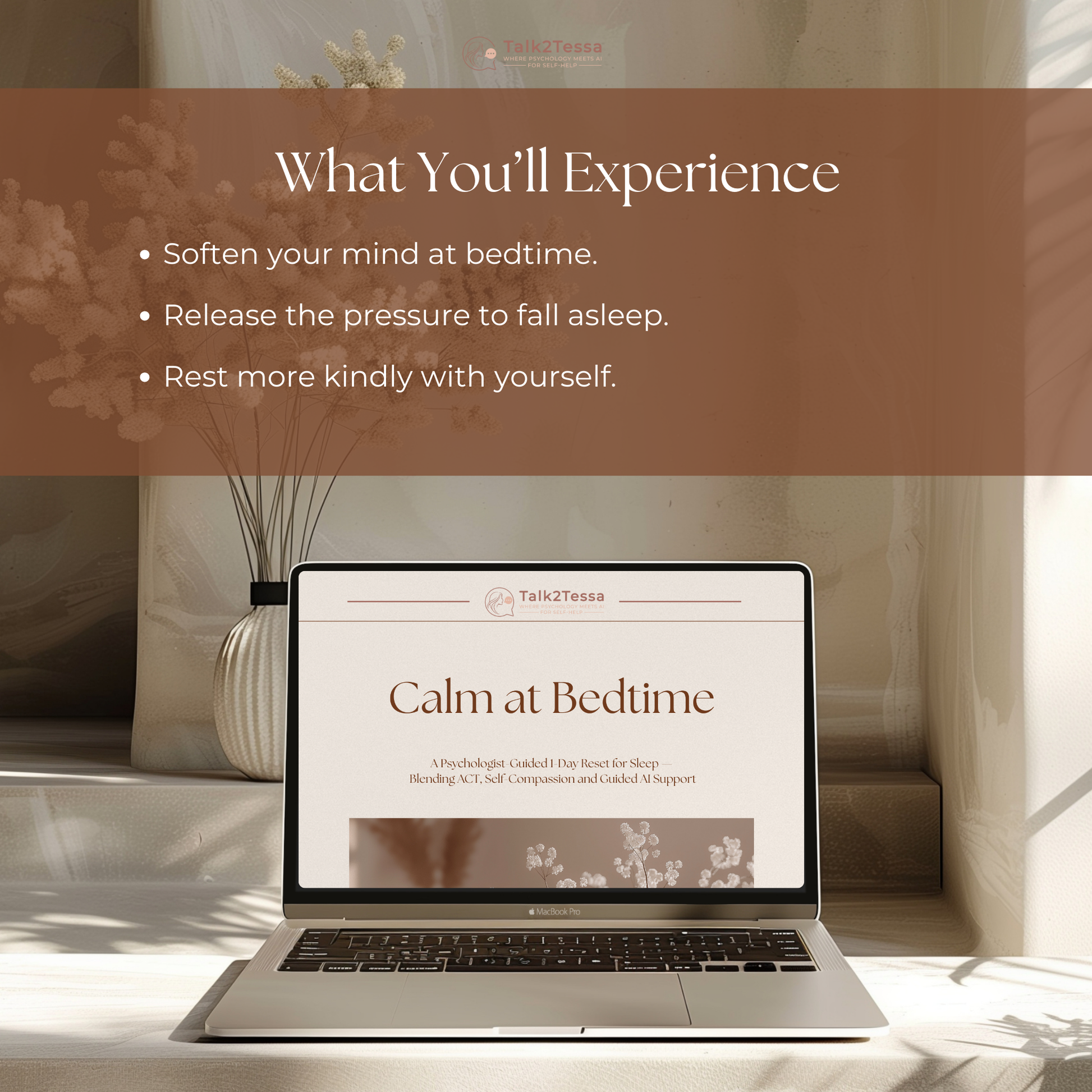 What You’ll Experience mockup highlighting reduced bedtime pressure, more space around thoughts, and a kinder way to rest in the Calm at Bedtime program.