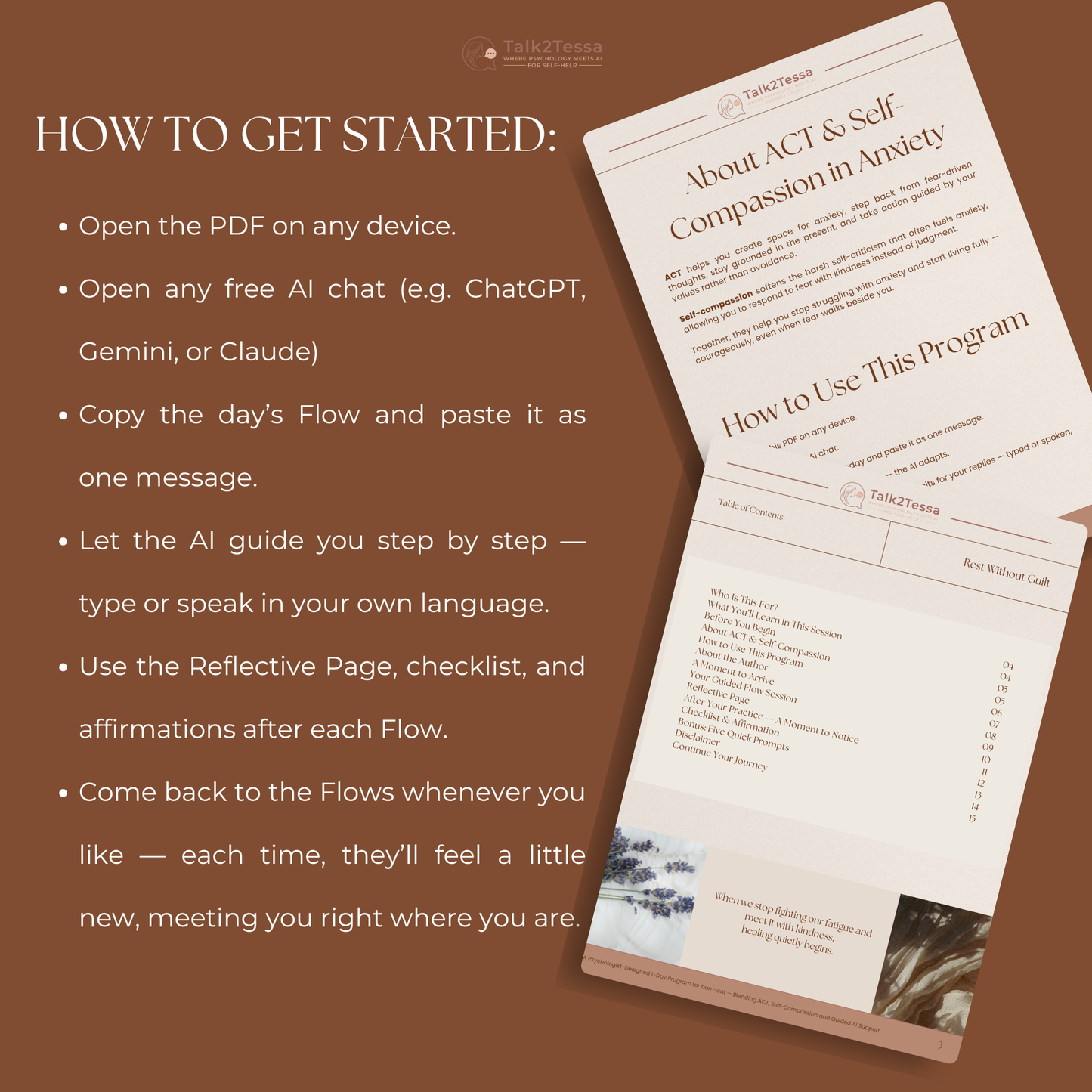 Getting started page from Calm & Courage by Talk2Tessa, guiding readers to use ACT-based guided prompts with gentle self-reflection and daily practice.