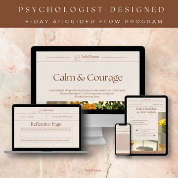 Inside preview of Calm & Courage by Talk2Tessa, showing psychologist-designed ACT and self-compassion exercises for anxiety relief and emotional balance.