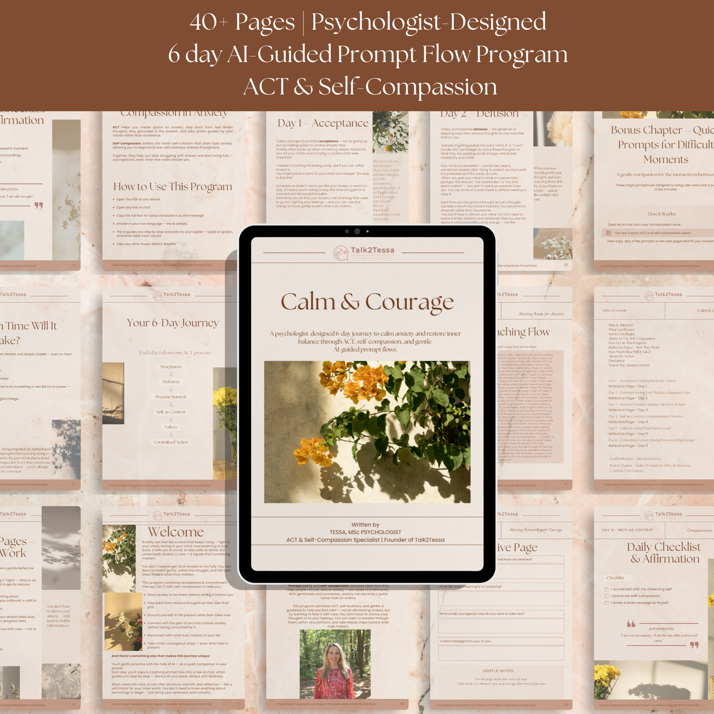Inside preview of Calm & Courage by Talk2Tessa, showing psychologist-designed ACT and self-compassion exercises for anxiety relief and emotional balance.