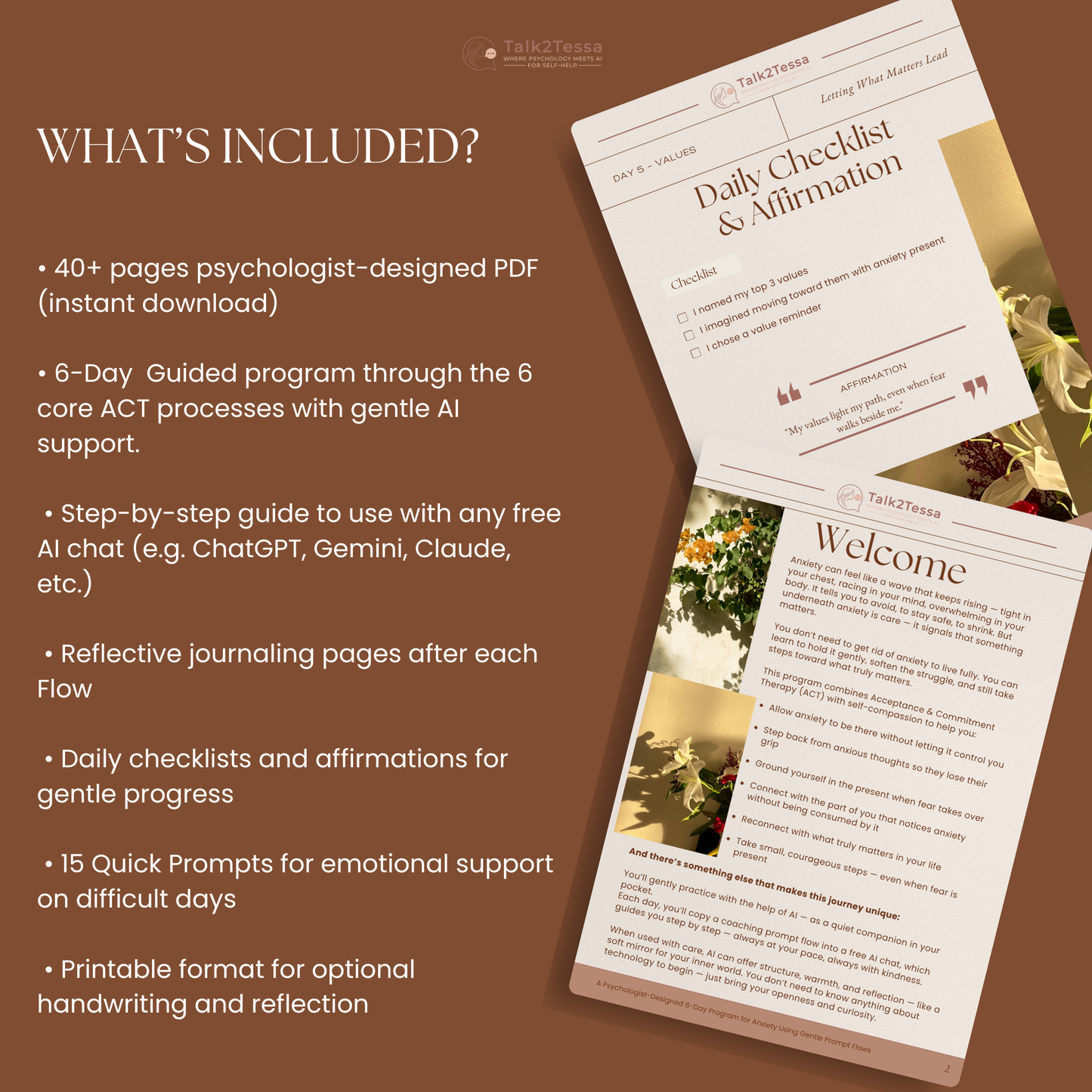 Inside preview of Calm & Courage by Talk2Tessa, showing psychologist-designed ACT and self-compassion exercises for anxiety relief and emotional balance.