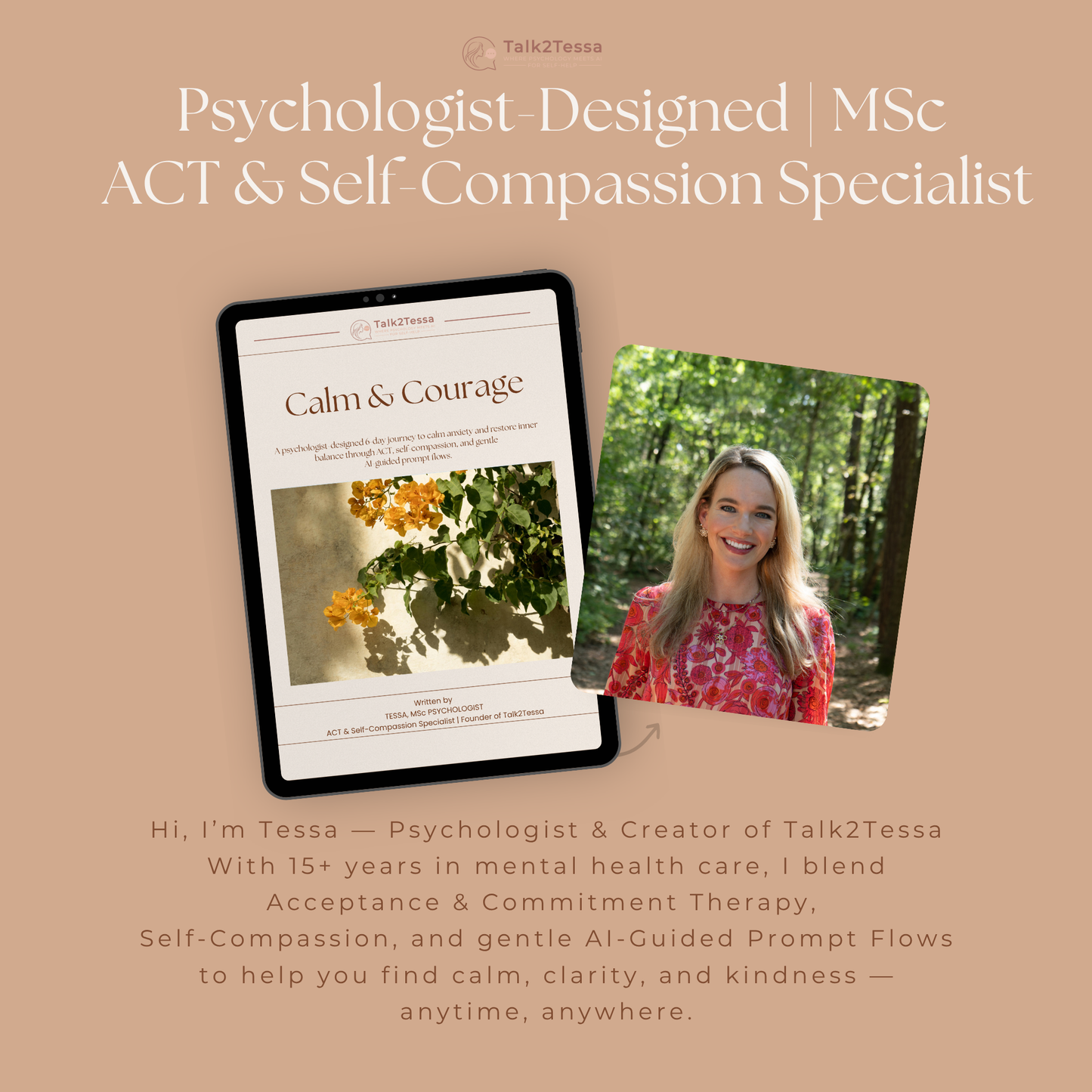 Author page featuring Tessa, MSc Psychologist and founder of Talk2Tessa, creator of ACT and self-compassion-based digital self-help programs.