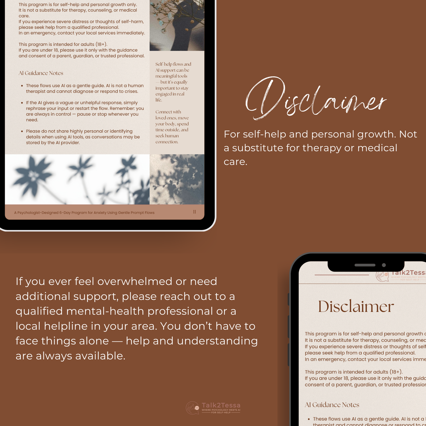 Disclaimer page from Calm & Courage – A Psychologist-Designed 6-Day Program for Anxiety Using Gentle guided prompts by Talk2Tessa, explaining that this ACT and self-compassion program is for self-help and not a substitute for therapy or professional mental-health care.