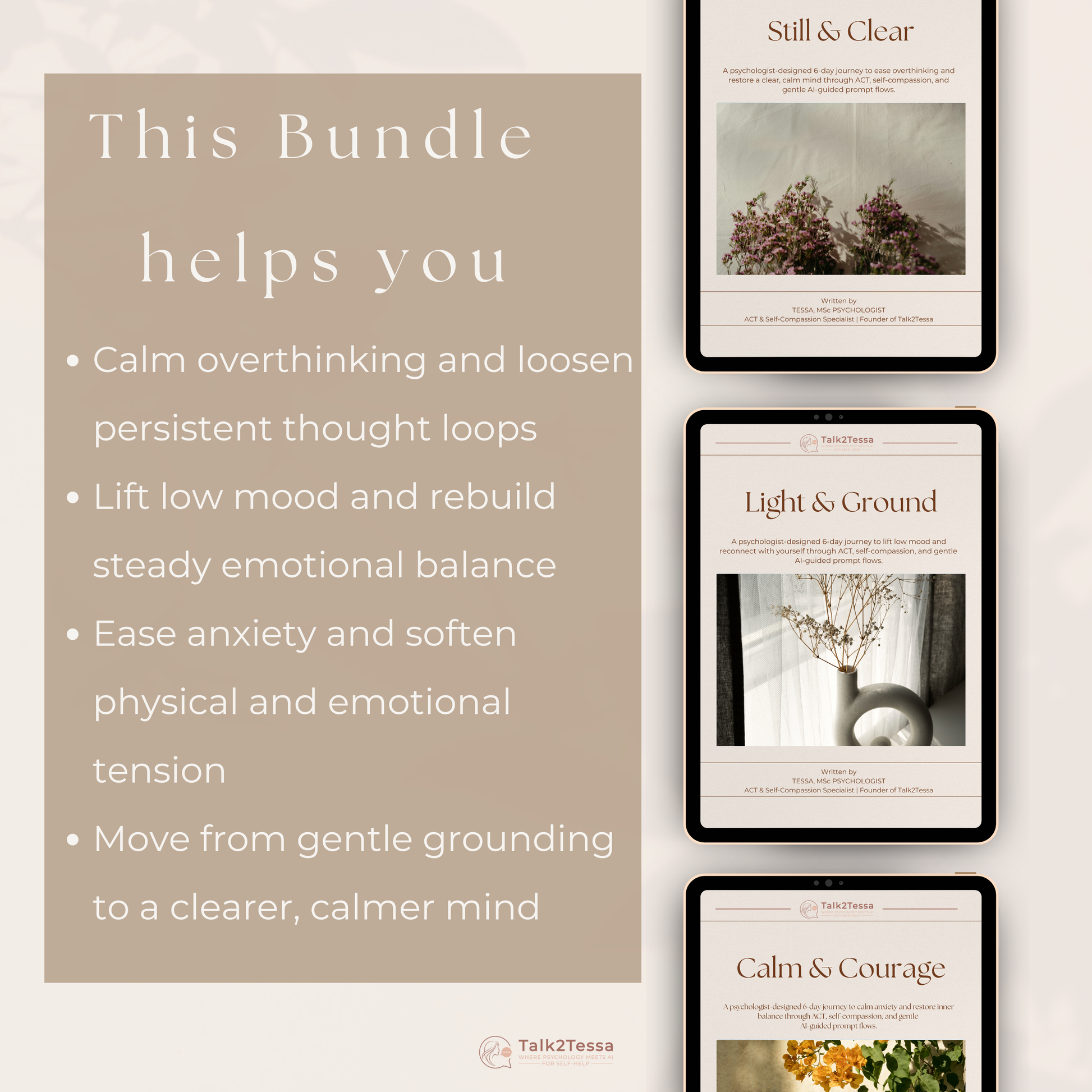 Benefits mock-up for the Calm Mind Recovery Bundle illustrating emotional recovery, reduced overwhelm, increased self-kindness, clearer thinking, gentle confidence-building and ACT-based AI coaching prompt flows for mental wellbeing, Talk2Tessa digital self-help program.