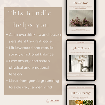 Benefits mock-up for the Calm Mind Recovery Bundle illustrating emotional recovery, reduced overwhelm, increased self-kindness, clearer thinking, gentle confidence-building and ACT-based AI coaching prompt flows for mental wellbeing, Talk2Tessa digital self-help program.