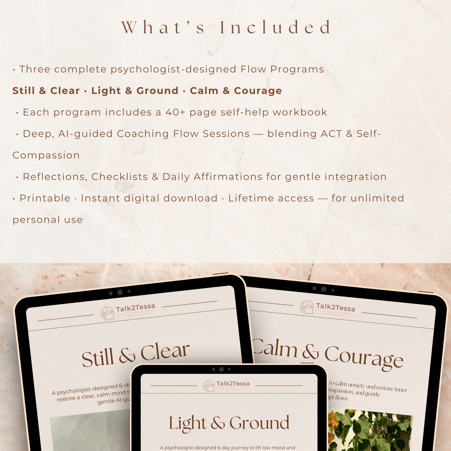 What’s included mock-up for the Calm Mind Recovery Bundle showing three full digital flow programs with ACT exercises, self-compassion tools, psychologist-guided prompts, reflections, checklists and affirmations for gentle emotional healing and self-help guidance, Talk2Tessa digital product set.