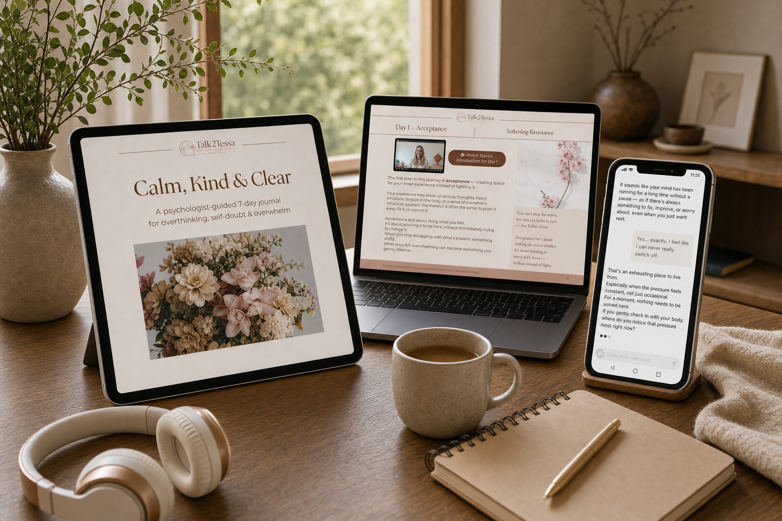 Calm, Kind and Clear digital journal, video introduction, and Reflection Mode shown on tablet, laptop, and phone