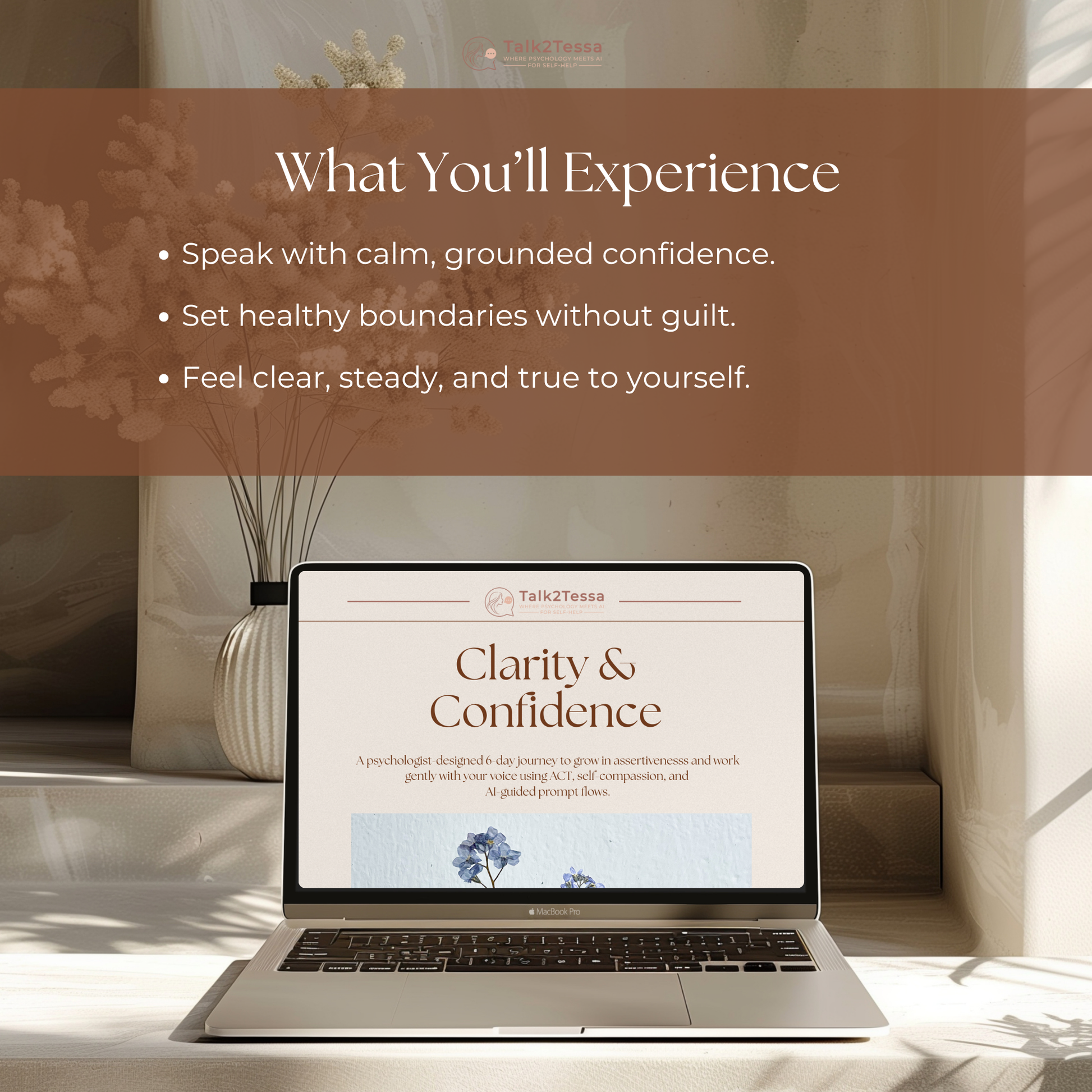 What You’ll Experience visual for the Clarity & Confidence – 6-Day Assertiveness Program by Talk2Tessa — psychologist-guided AI self-help workbook designed to build assertiveness and calm confidence through ACT and self-compassion. Highlights include learning to speak with clarity, set healthy boundaries without guilt, and feel grounded, steady, and true to yourself. Digital printable PDF for personal growth, communication skills, and emotional resilience, compatible with ChatGPT or Gemini.