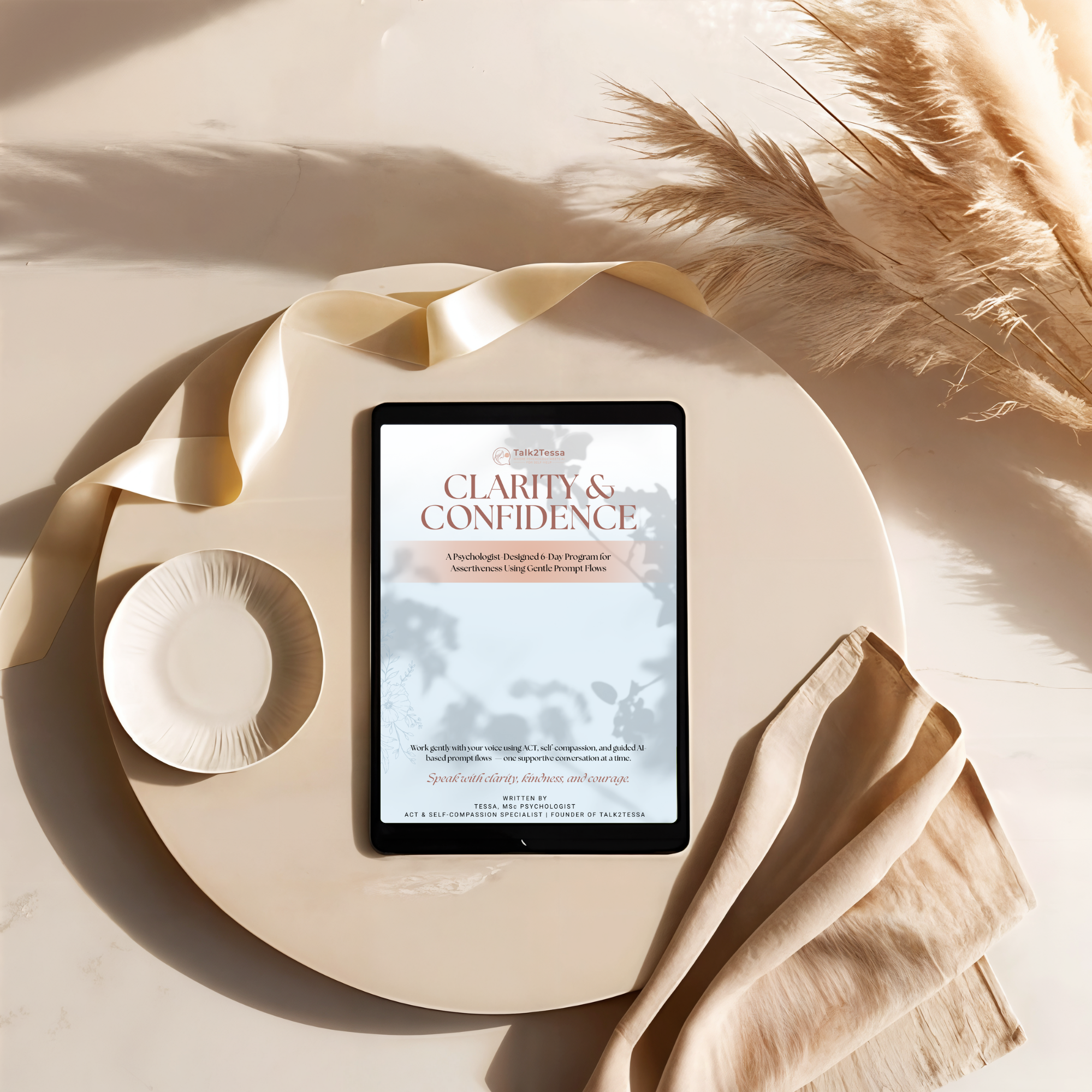 Cover image for the 6-Day Assertiveness Program 'Clarity & Confidence' by Tessa, MSc, psychologist, focused on ACT and self-compassion to build assertiveness and emotional clarity in a personal growth workbook design.