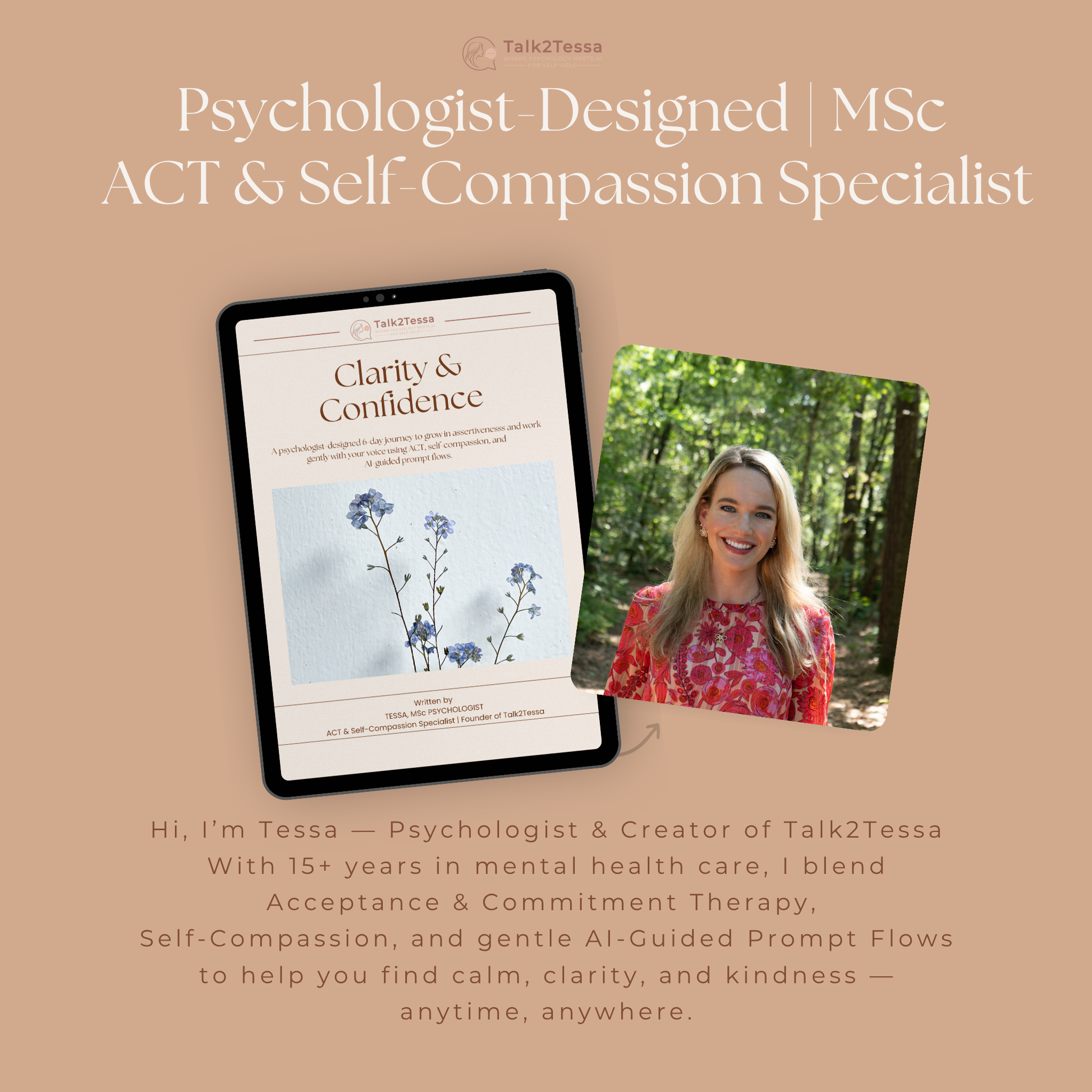 About the author section featuring Tessa, MSc Psychologist and founder of Talk2Tessa — combining ACT, self-compassion, and AI for gentle self-help.