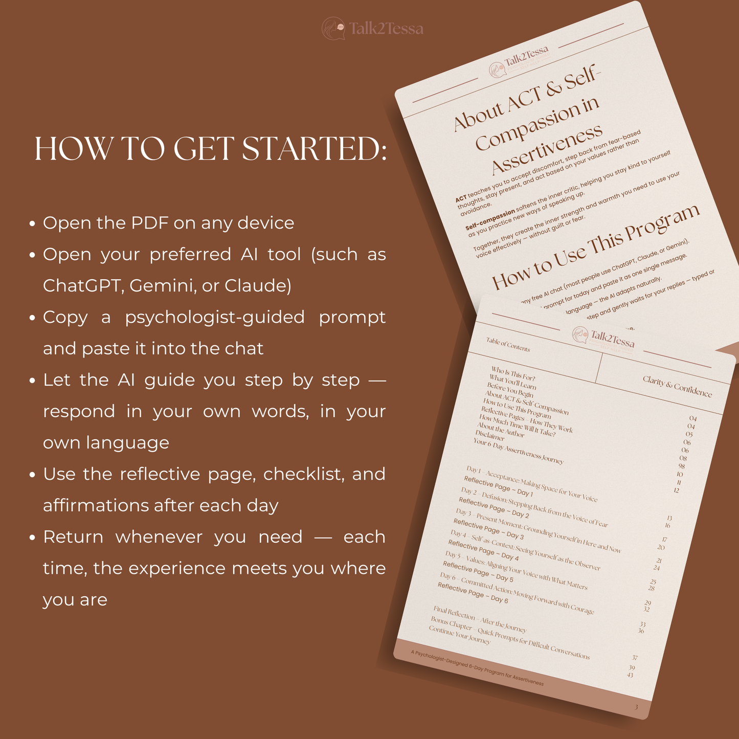 How to get started page from Talk2Tessa’s Clarity & Confidence program, explaining how to use ACT and self-compassion flows in ChatGPT, Gemini, or Claude for gentle AI self-help.
