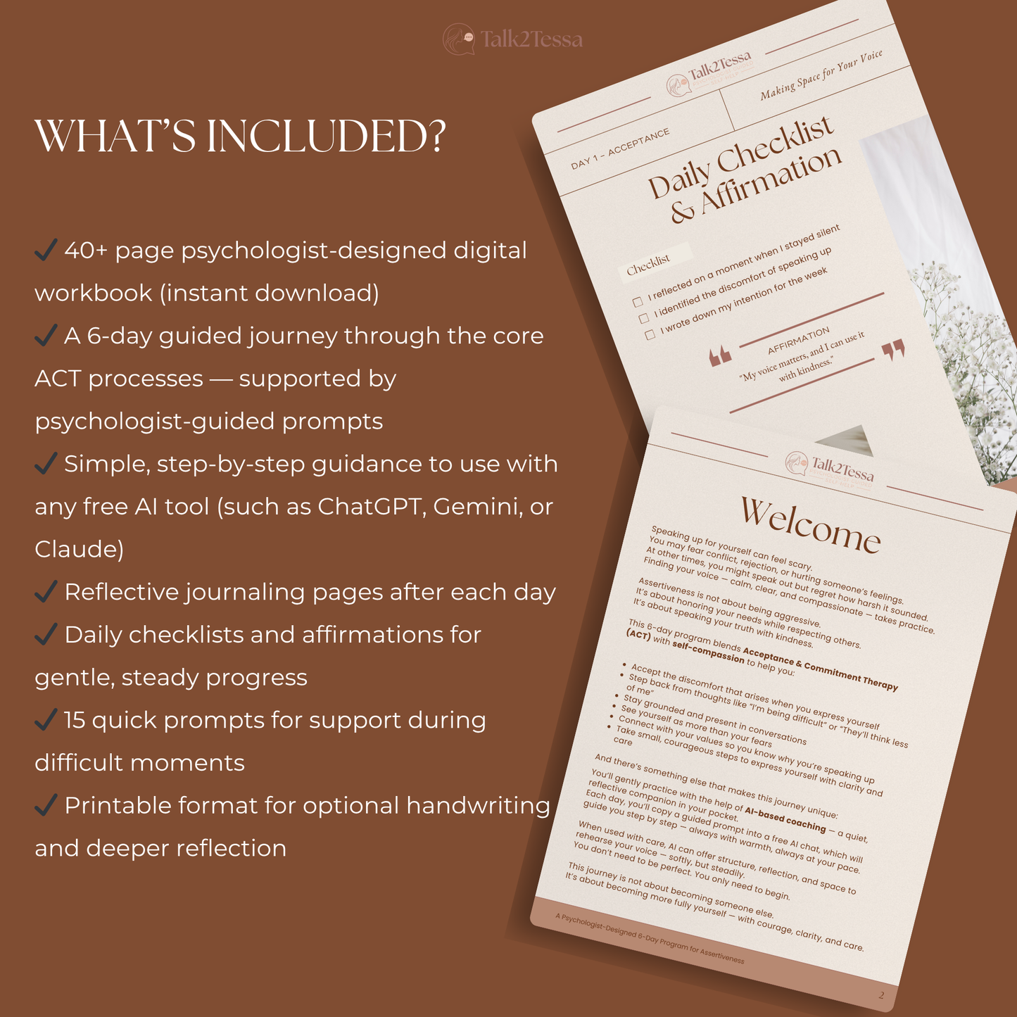 Overview of what’s included in the Clarity & Confidence 6-Day ACT & Self-Compassion program — psychologist-guided exercises, guided prompts, affirmations, and reflection pages.