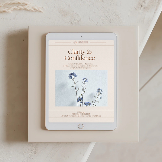 Cover image for “Clarity & Confidence – A Psychologist-Guided 6-Day Program for Assertiveness Using Gentle guided prompts” by Talk2Tessa, blending ACT, self-compassion, and AI-guided journaling for confident communication.