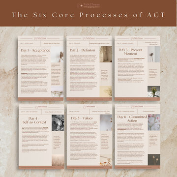 Visual of the six ACT core processes featured in the Clarity & Confidence Flow by Talk2Tessa — acceptance, defusion, values, action, mindfulness, and self-compassion.