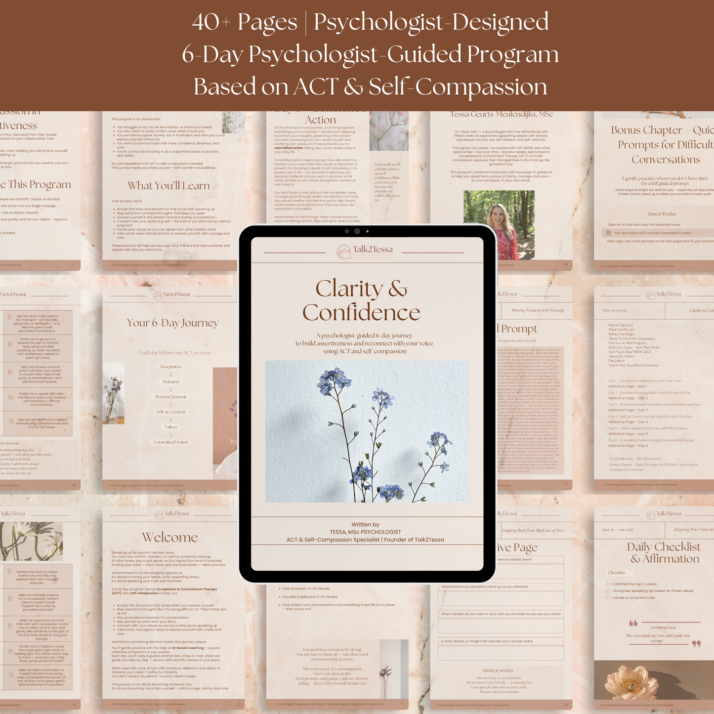 Preview of inside pages from the Clarity & Confidence 6-Day Program by Talk2Tessa, psychologist-designed ACT & self-compassion workbook for assertiveness and clear communication.
